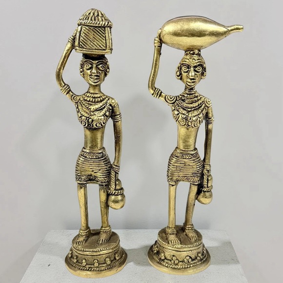 Retro Pair of Solid Brass Tribal Women Figurines Dhokra Style Water Carriers 7